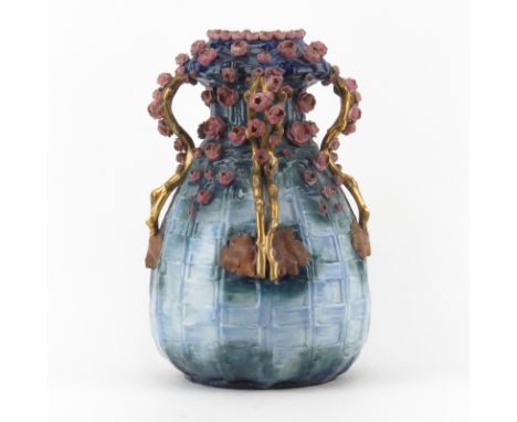 19th Century Austrian Amphora Art Nouveau Relief Pottery Vase. Decorated with various blue tones ground and applied flowers w