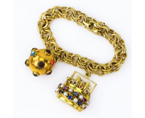 Vintage 14 Karat Yellow Gold Charm Bracelet with Two (2) 14 Karat Gold and Gemstone, Pearl and Coral Accents Stamped 14K. Goo