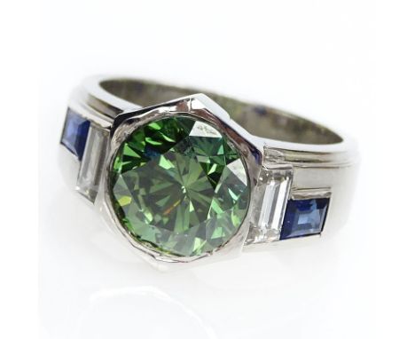 Art Deco Approx. 3.78 Carat Old European Cut Green Diamond and Platinum Ring with Sapphire Accents. Diamond with vivid green 