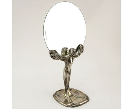 Antique French Art Nouveau Silver Plate Table Mirror. Depicts a postured young nymph figure with flowing hair and garments, m