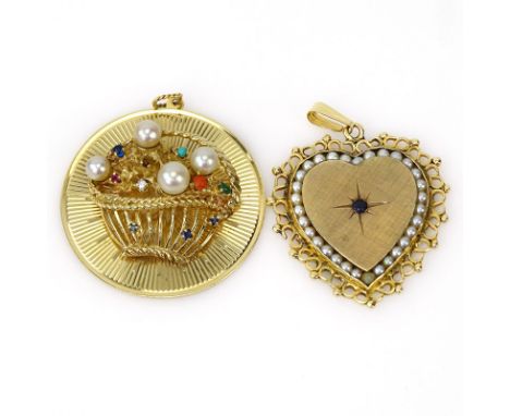 Two (2) Vintage 14 Karat Yellow Gold Charms/Pendants accented with gem stones, diamonds and pearls. Larger signed 14. Good co