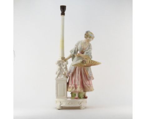 19th Century Royal Dux Polychrome Ceramic Art Deco Figural Lamp. Depicts a Victorian beauty with basket bracing against a put