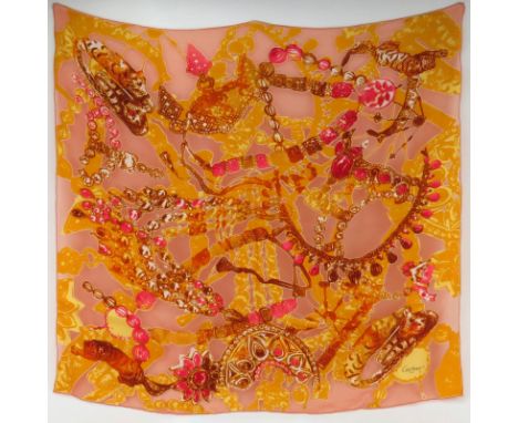 Cartier Silk Scarf. Panther Motif. Box and authentication card included. Labeled. Very good condition. Measures 33" x 34". Sh