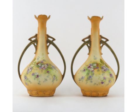 Pair of Casa Renacimiento Amphora Art Nouveau Hand Painted Double Handled Vases. Bulbous form with long neck and gilt trim, f