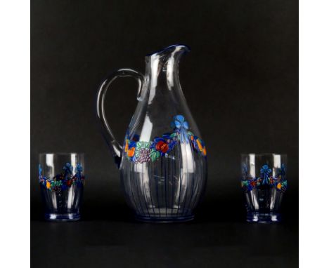 Georges Chevalier, French (1894-1987) for Baccarat Set of Three (3) Crystal Enamel Painted Pitcher and Cups. Each piece is in