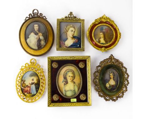 Grouping of Seven (7) Antique or Vintage Hand Painted Continental Miniature Portraits on Celluloid. Depicts various scenes of