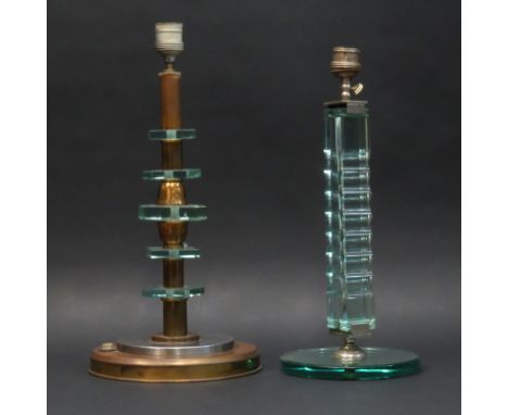 Grouping of Two (2) 20th Century French Style Art Deco Lamps. Includes: brass chrome and stacked glass lamp along with modern