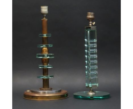 Grouping of Two (2) 20th Century French Style Art Deco Lamps. Includes: brass chrome and stacked glass lamp along with modern