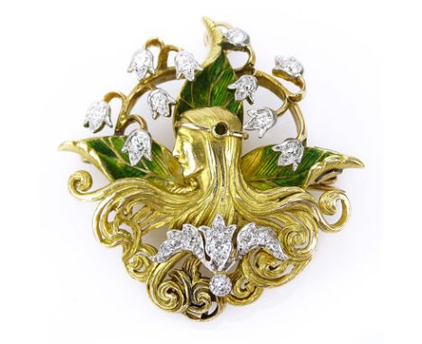 Antique Art Nouveau Old European Cut Diamond, 10 Karat Yellow Gold and Enamel Pendant Brooch. Stamped 10K. Good condition. Me