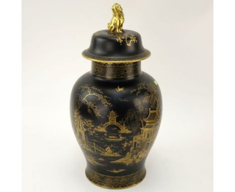 Carlton Ware Oriental Style Pottery Ginger Jar. Depicts a village scene in gilt on black ground and foo dog finial. Signed W 