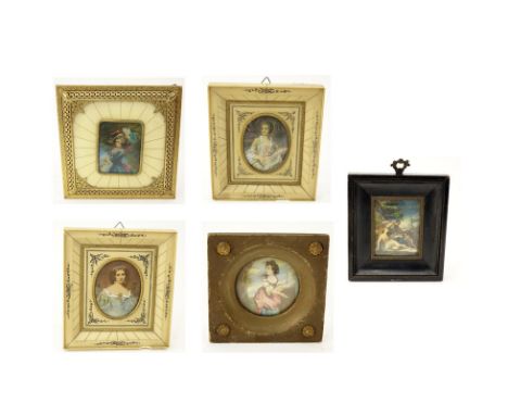 Grouping of Five (5) Antique  Victorian Hand Painted Miniature Portraits on Celluloid. Depicts various  scenes and female fig