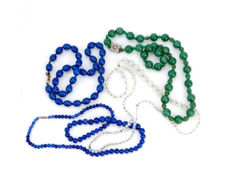 Four (4) Vintage Bead Necklaces Including: Aventurine Quartz, Opal style Glass and Two (2) Lapis style Glass. Unsigned. Avent