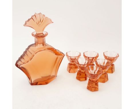 Vintage Seven (7) Piece Glass Cordial Set Including Decanter with Stopper and Six (6) Cordial Glasses. Unsigned. Surface scra