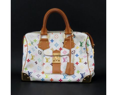 Louis Vuitton Murakami Inspired White Monogram Multicolore Speedy 30 Bag.  This bag features a side pocket, a clochette, vach