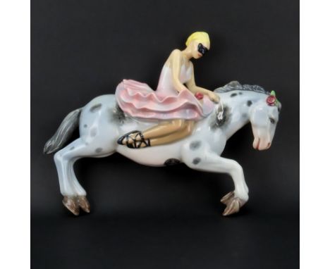 Ars Pulchra Torino Italian Art Deco Glazed Ceramic Ballerina on Horseback Figurine. Signed on obverse side, original sticker 