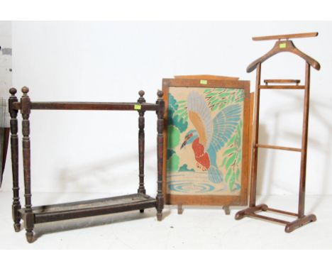 A group of early 20th century and later furniture to include a Art Deco 1930s kingfisher tapestry fire screen having an oak f