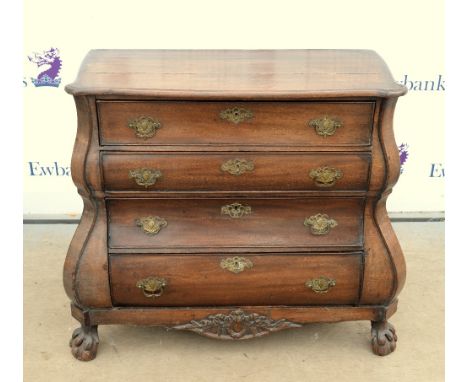 19th century mahogany commode chest with 4 long graduated drawers and ball on claw feet. H85 x W93 x D55.          