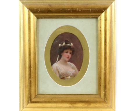 Early 20th century, English School, head and shoulders portrait of a young woman in a white dress with a ribbon in her hair, 