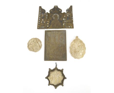 Russian brass triptych of St Nicholas with blue and white enamel, 15cm x 11cm open, brass plaque of the Crucifixion, and thre
