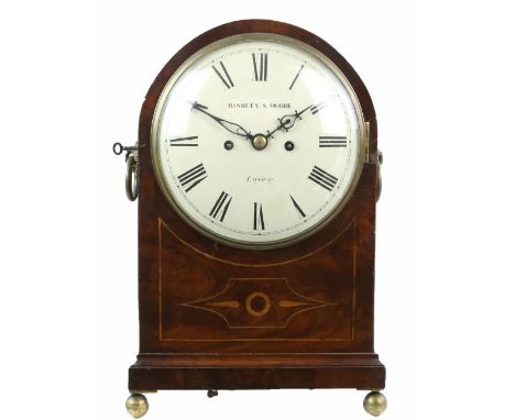 Early 19th century inlaid mahogany repeating bracket clock, the 8 convex painted dial with Roman numerals and outer minute tr