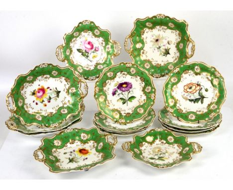 19th century porcelain part dessert service, with green ground border and gilt shaped borders, decorated with floral sprays, 