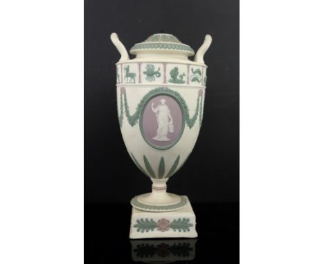 Wedgwood tri-colour Jasperware urn decorated with signs of the Zodiac, lacking finial, h24cm            