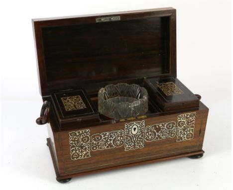 Rosewood Regency tea chest of sarcophagus form with mother of pearl inlay, ring handles, on bun feet, the interior two tea ca