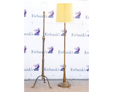 Early 20th century brass telescopic standard lamp on tripod base together with another brass standard lamp           