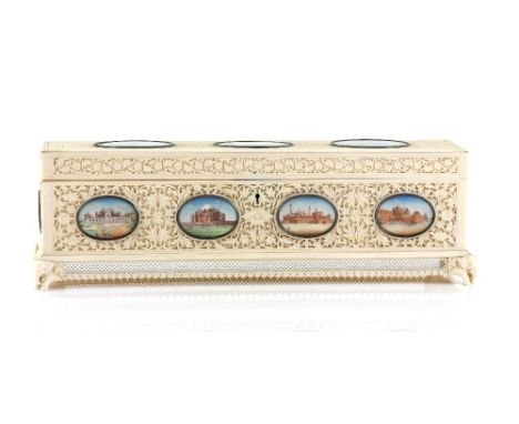 Fine Indian carved ivory document box, Delhi, circa 1860-80. Inset with thirteen ivory medallions painted with Mughal and oth