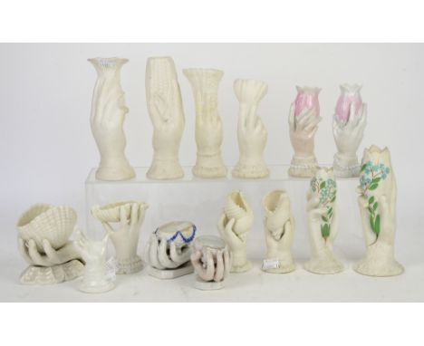 Parian ware and white ceramic ladies hand vases, some pearlware, one holding corn,  h19.5cm, a child's hand holding shell, an