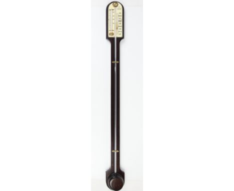 Mahogany stick barometer with visible mercury tube and enclosed bulb, separate thermometer and manually operated Venier slide
