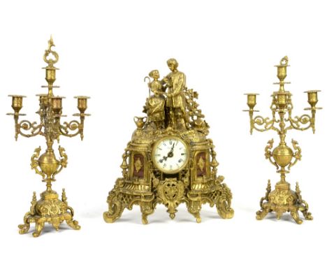 Italian 'Imperial' reproduction gilt metal clock and garniture set, the clock with two lovers above scrolling decoration, fla