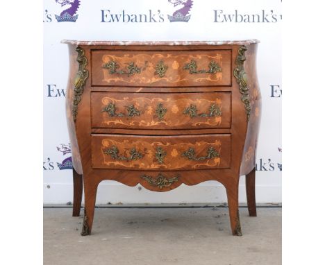 Reproduction marquetry inlaid and gilt metal mounted bombe commode with marble top, with three long drawers on splayed legs, 