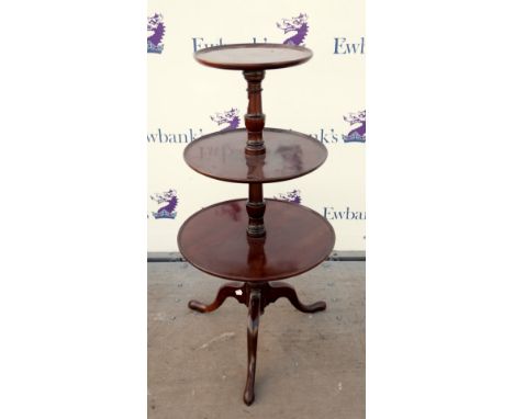 19th century mahogany three tier dumb waiter on tripod base. H112           