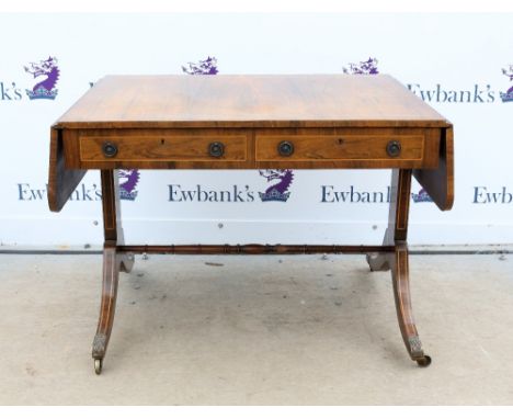 19th century rosewood sofa table with two drawers (two faux) on splayed legs with crossbanded inlaid decoration, united by tu