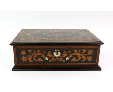 Rosewood and marquetry box, 32cm x 22cm x 11cm brass and mother of pearl inlaid tea caddy, 15cm x 11cm x 10cm, Cunard studs a