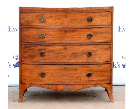 19th century mahogany bow fronted chest of four long graduating drawers, on splayed bracket feet, H90 x W86 x D48.5cm        