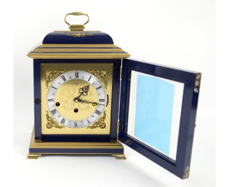 Comitti early Georgian style basket top mantel clock with triple chime movement, blue lacquered piano finish case hand painte