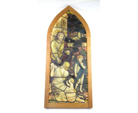 Victorian stained glass window panel depicting Jesus handing out loaves, in arched oak frame, backed with LED strip lighting,