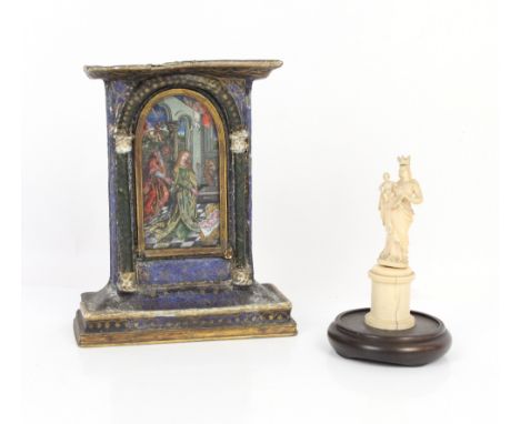 Carved ivory figure of the Virgin Mary with the infant Jesus, 11cm and a portable shrine with a painting on glass within an e