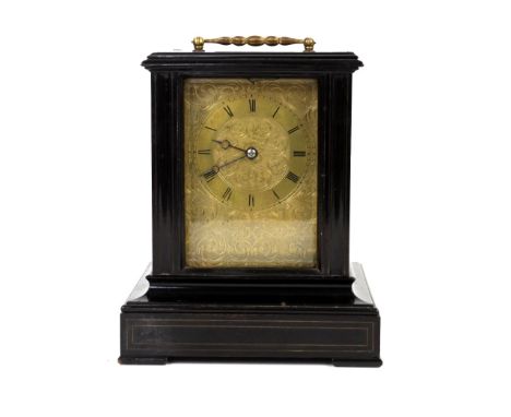 Early 20th century black lacquered three glass mantel clock, the two train movement signed Volk, Brighton, striking the hours
