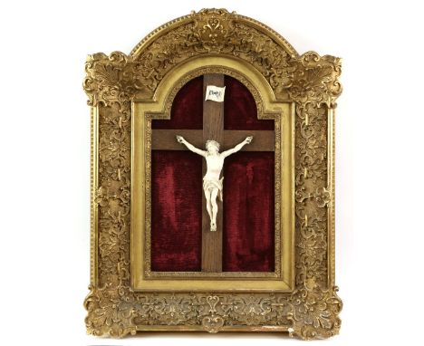 Early 20th French ivory figure of Christ on the cross, in gilt frame, the frame, 64cm x 51cmPLEASE NOTE: THIS ITEM CONTAINS O