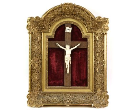 Early 20th French ivory figure of Christ on the cross, in gilt frame, the frame, 64cm x 51cmPLEASE NOTE: THIS ITEM CONTAINS O