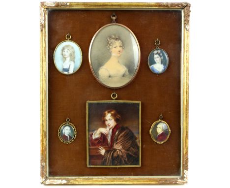 Six portrait miniatures in a gilt frame, one of a young woman, signed Adam Buck and dated 1821, 13cm x 10cm, another of a you