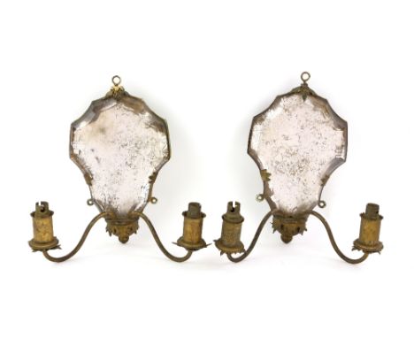 Pair of late 19th / early 20th century gilt metal two light wall brackets the shaped mirror plates with double bevels, 23cm  