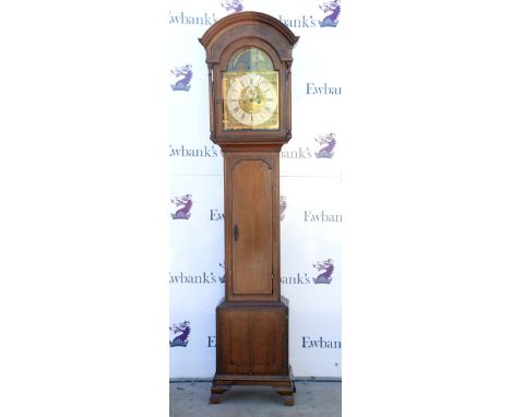 18th century oak longcase clock by Samuel Wright, Northwich, twin train movement striking the hour on a bell, the brass dial 