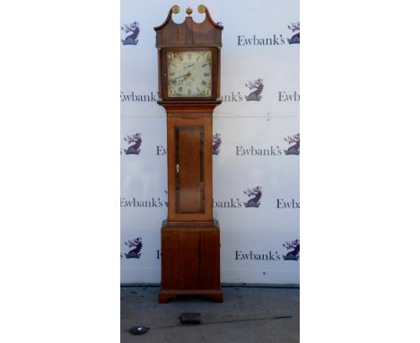 Late 18th century 30 hour oak longcase clock by R. Clarke, Cerne, swan neck pediment above brass capped columns flanking the 