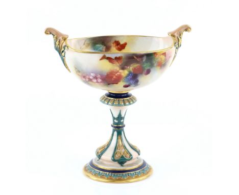 Royal Worcester Hadley Ware twin scroll-handled pedestal vase or sweetmeat dish, painted with flowers and fruit on a cream gr