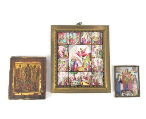Russian enamel icon of the resurrection, 11cm x 9.5cm and two smaller icons, (3)          