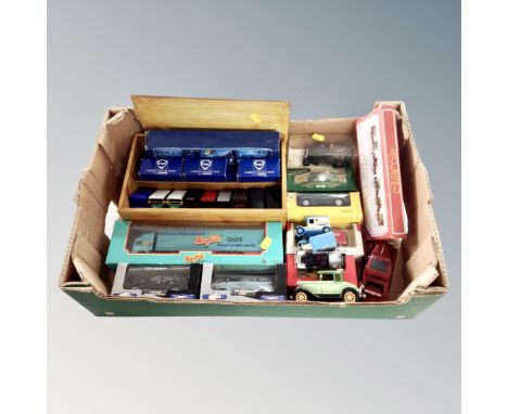 A box of die cast vehicles : Fina Cameo Collection, Corgi and promotional delivery vans, Lledo etc  CONDITION REPORT: some bo